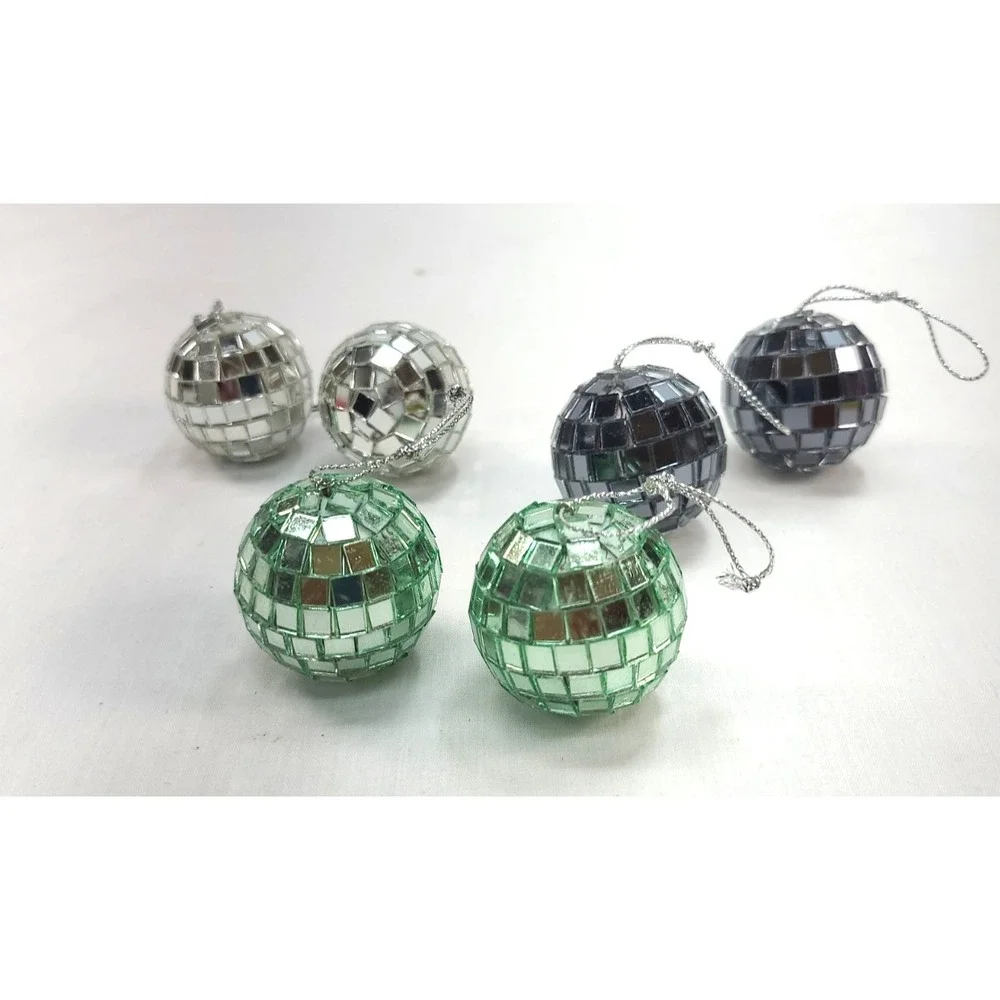 6 Mirror Ball Ornaments 2 Silver 2 Charcoal 2 Mint Green Christmas 1.5